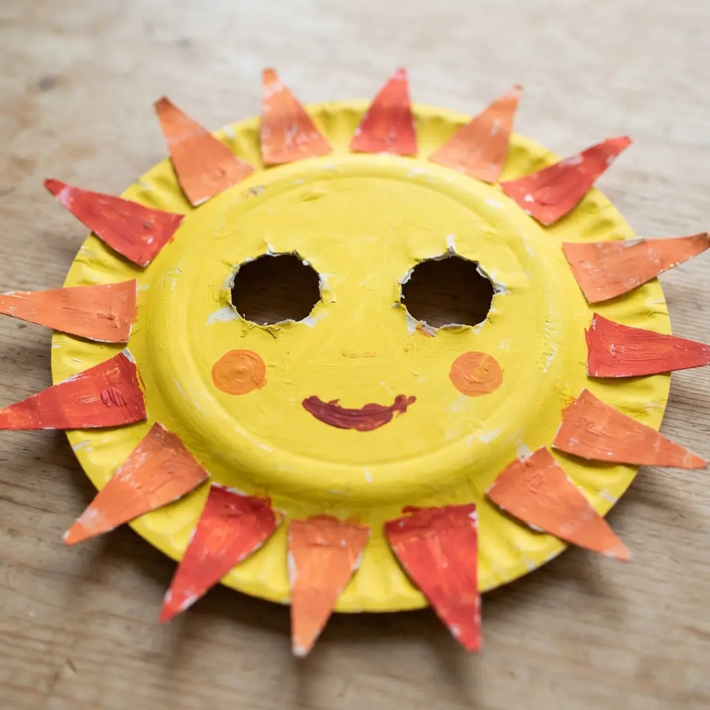 DIY Mask Ideas for Kids featuring a yellow paper plate sun face with pointed rays, orange cheeks, and open eyes.