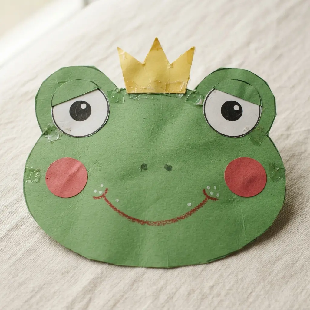 A construction paper frog prince mask with round eyes, green cheeks, a red smile, and a yellow crown.