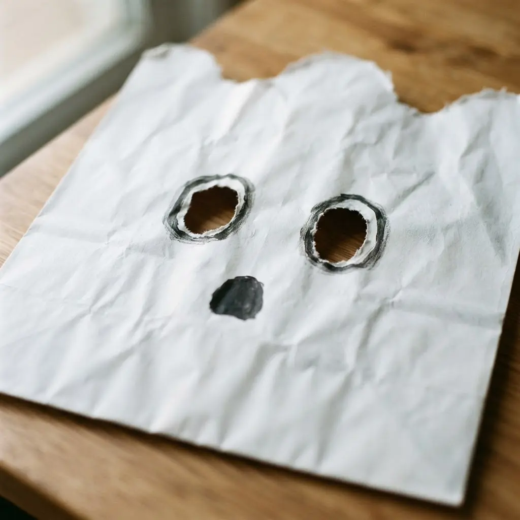 DIY Mask Ideas for Kids showing a white paper bag ghost face with oval eyes, a small mouth, and wavy edges.