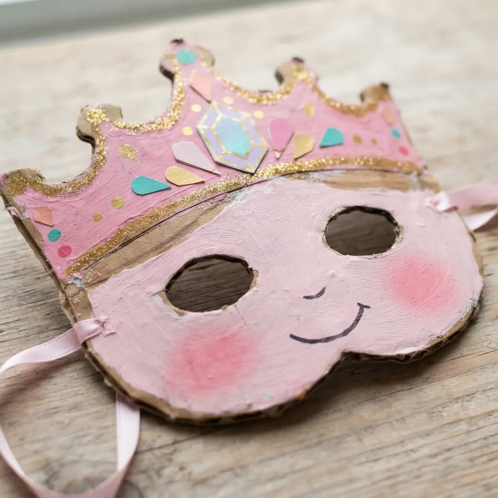 A cardboard princess face mask with a pink crown, paper jewels, rosy cheeks, and clear eye openings.