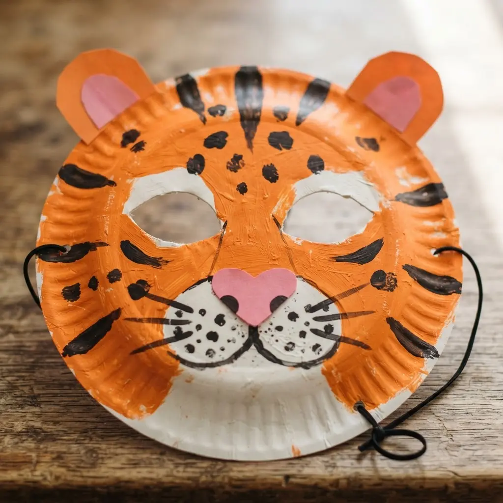 DIY Mask Ideas for Kids featuring a spotted paper plate tiger face with black stripes, ears, and a pink nose.