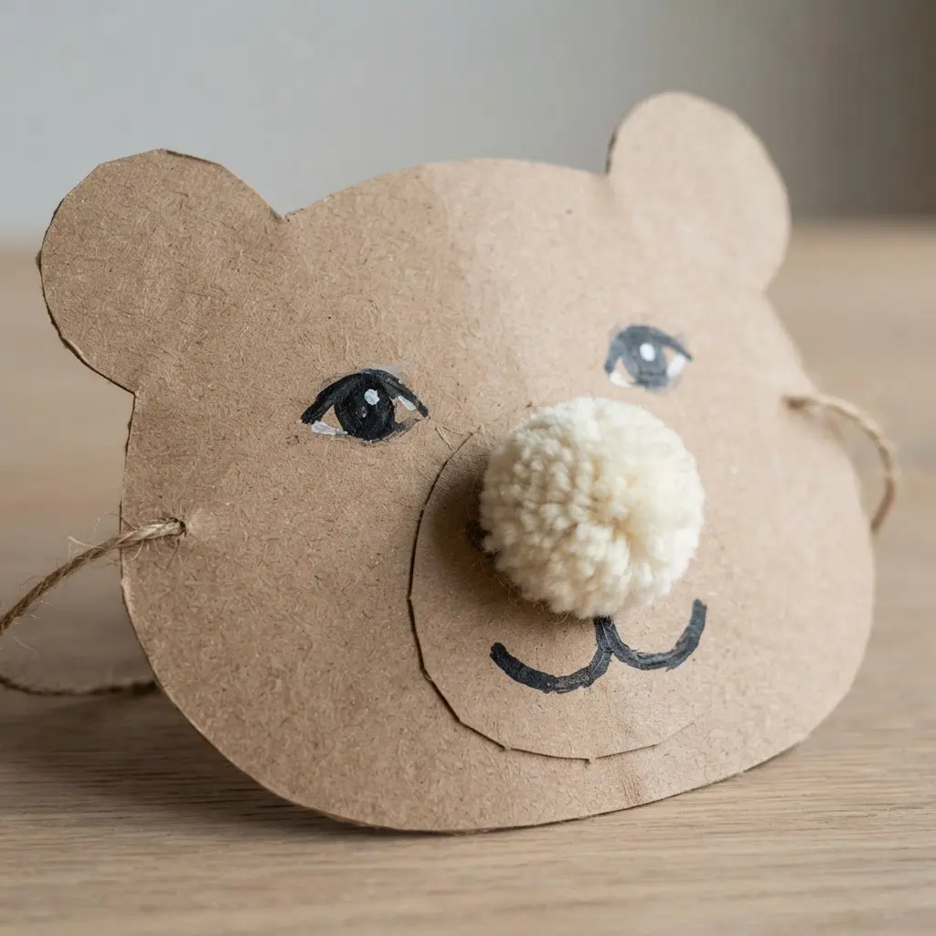 A brown paper bear face mask with round ears, a soft pompom nose, painted eyes, and curved cheeks.