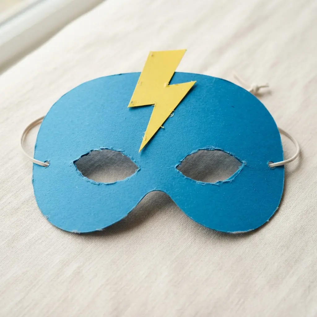 DIY Mask Ideas for Kids showing a blue cardstock hero eye mask with a yellow lightning bolt and smooth edges.