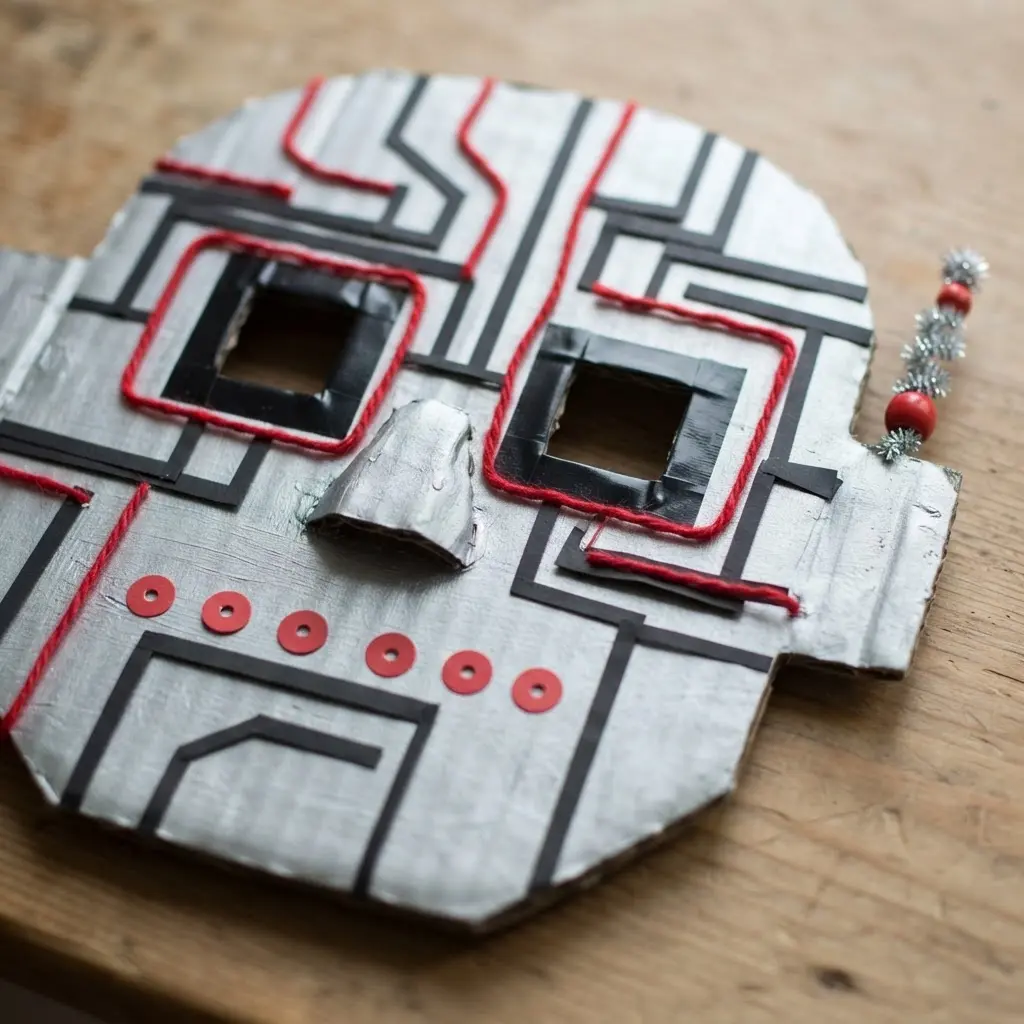 A textured cardboard robot mask with raised circuit lines, square eyes, silver paint, and red paper buttons.