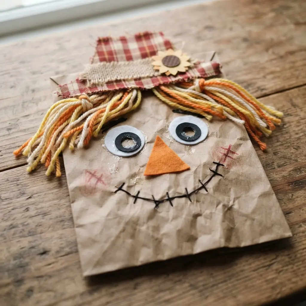 DIY Mask Ideas for Kids featuring a paper bag scarecrow face with stitched cheeks, straw-like yarn hair, and a hat.