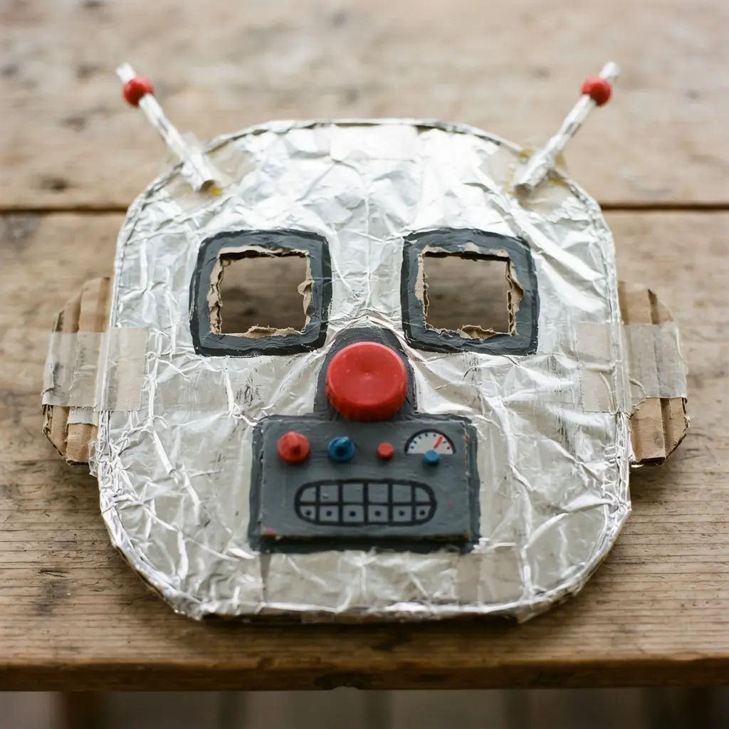 DIY Mask Ideas for Kids showing a foil-covered cardboard robot face with square eyes and painted controls.