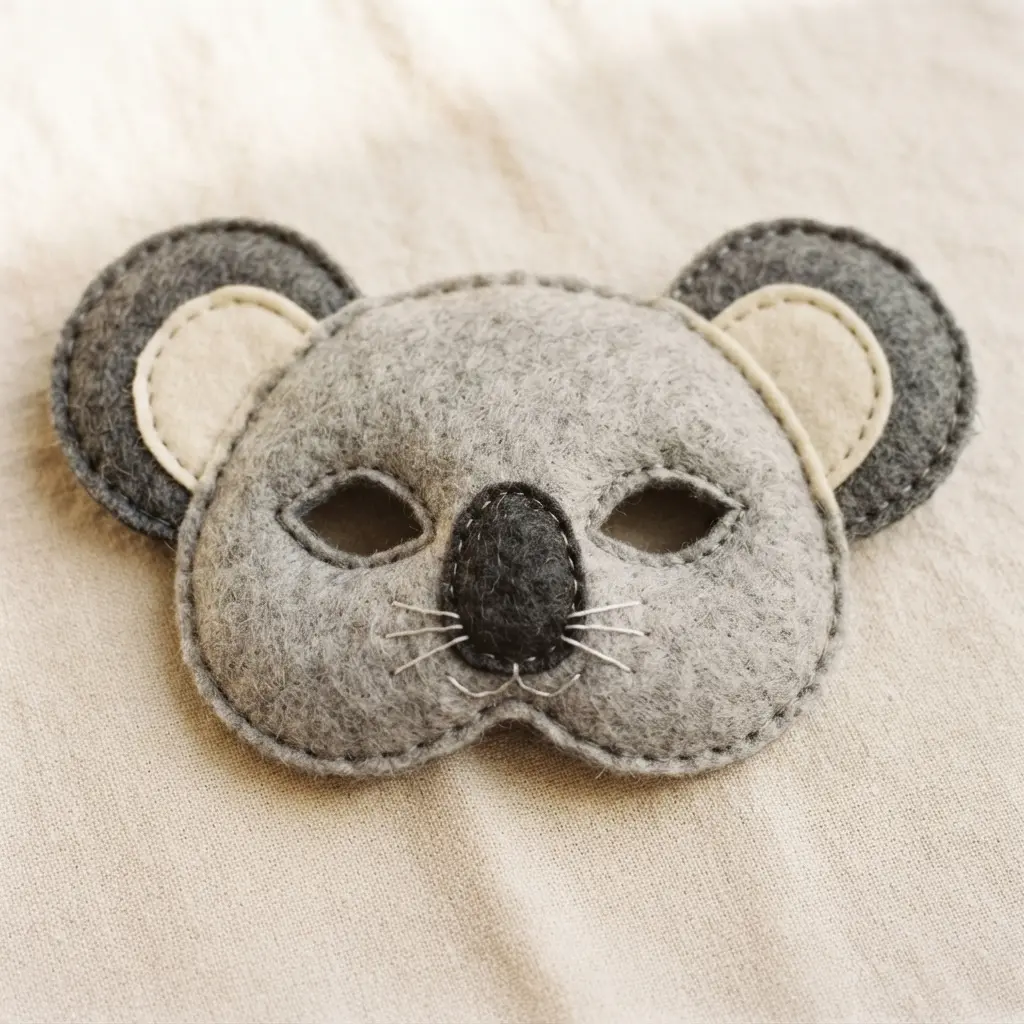 A felt koala party mask with round ears, gray layers, a dark oval nose, and open eye spaces.