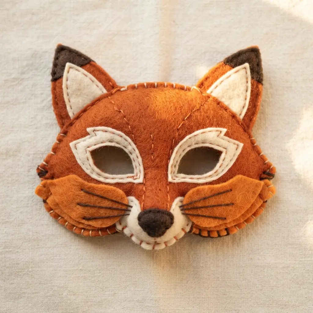 A layered felt woodland fox mask with orange cheeks, pointed ears, white accents, and clear eye openings.
