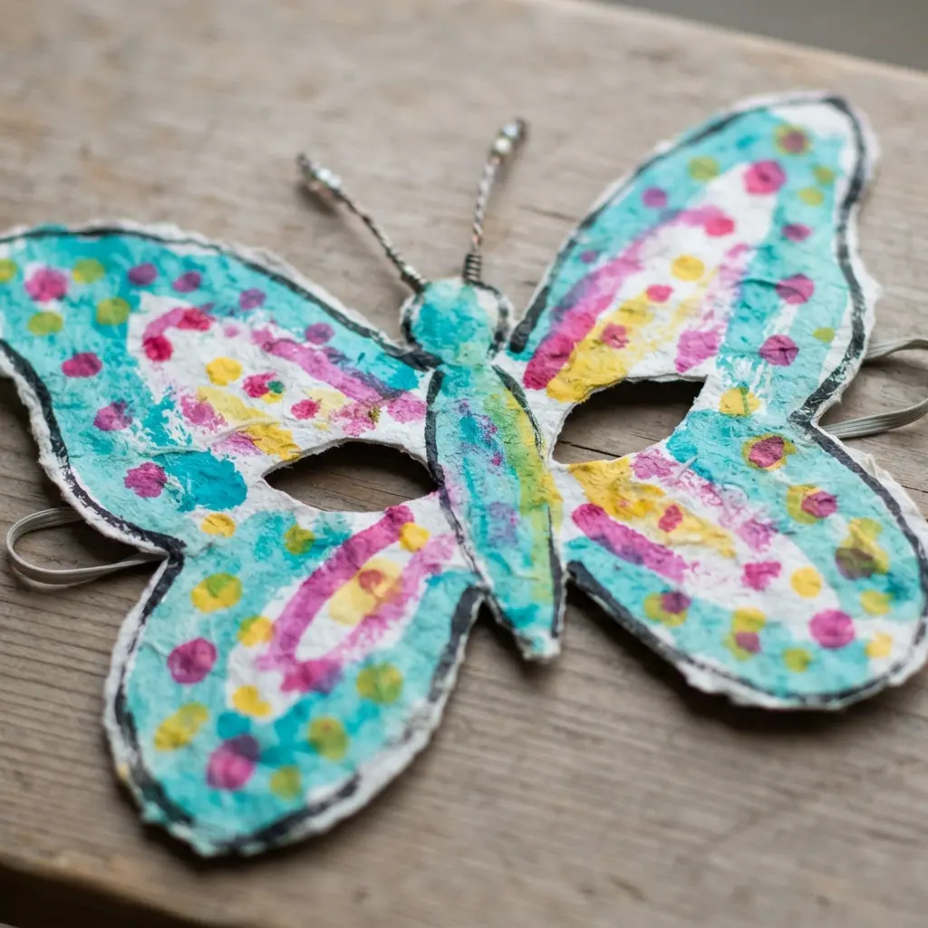 DIY Mask Ideas for Kids featuring a painted paper butterfly face with curved wings, dots, and antennae.