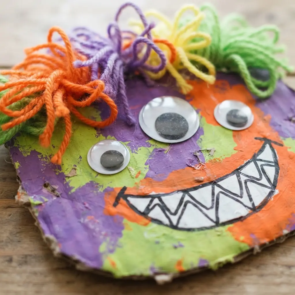 A three-eyed cardboard monster mask with colorful yarn hair, round pupils, and a wide smiling mouth.