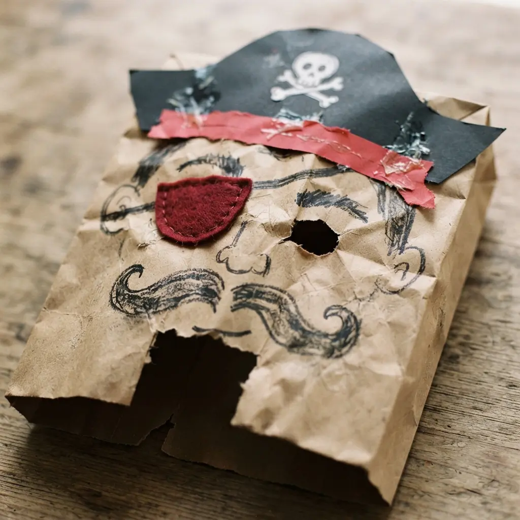 DIY Mask Ideas for Kids showing a brown paper bag pirate face with an eye patch, mustache, and hat.