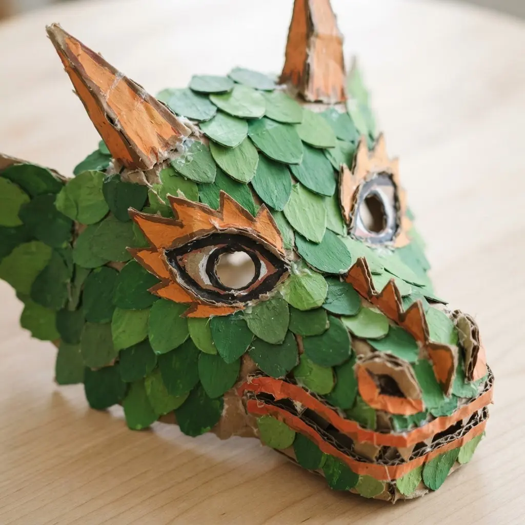 A recycled cereal box dragon mask with overlapping green scales, pointed horns, and orange paper details.
