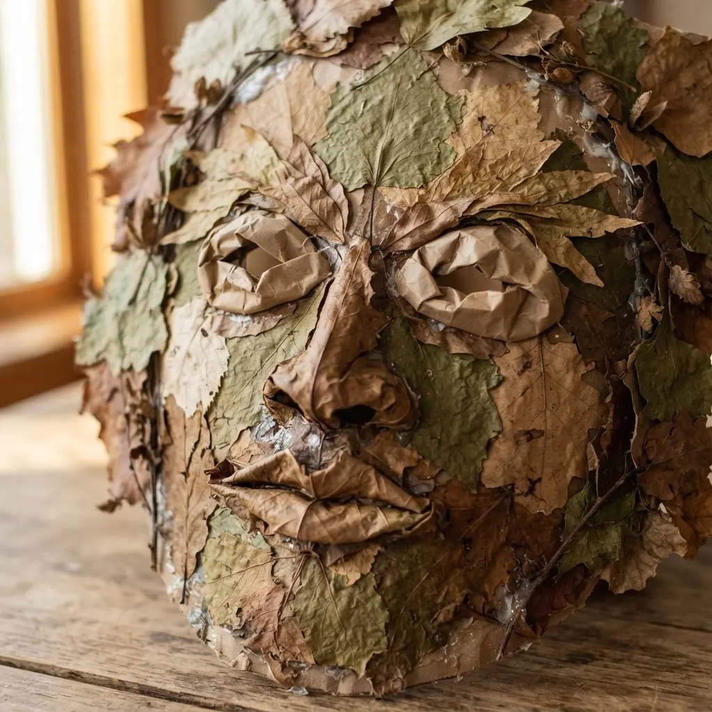 DIY Mask Ideas for Kids featuring a dried leaf forest spirit face with brown paper eyes and natural leaf edges.