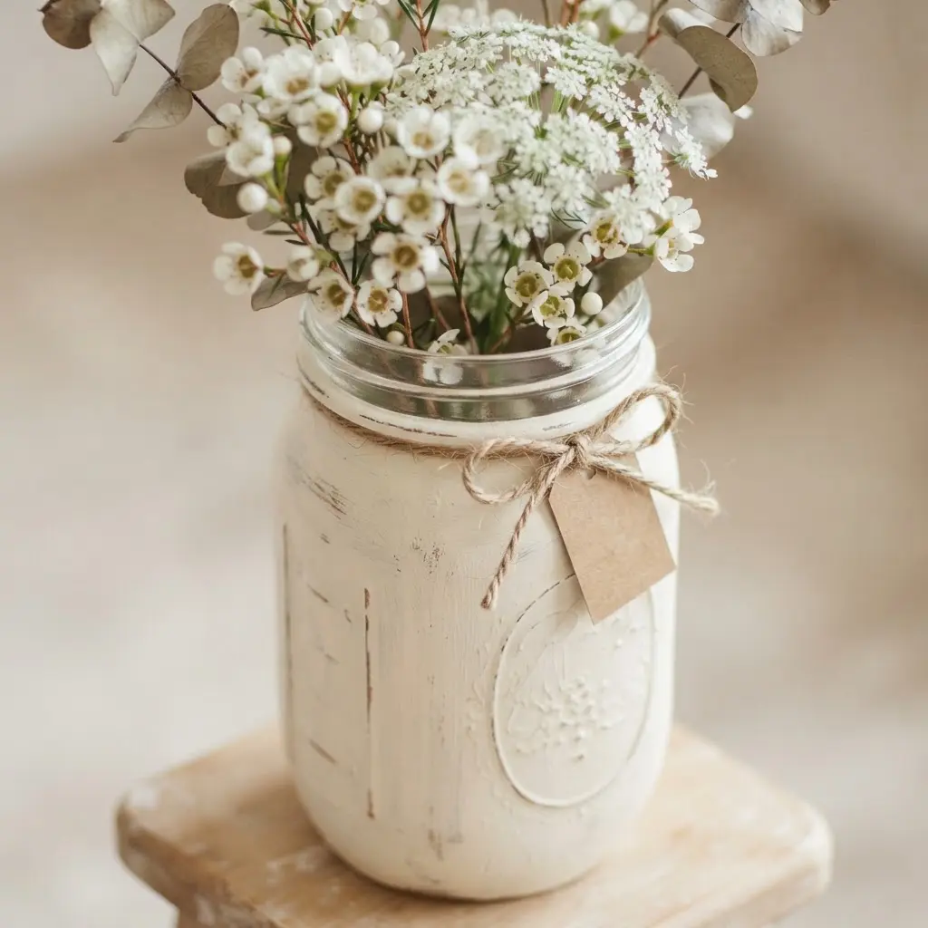 DIY Mason Jar Crafts Ideas featuring a chalk-painted glass vase with white flowers and farmhouse styling.