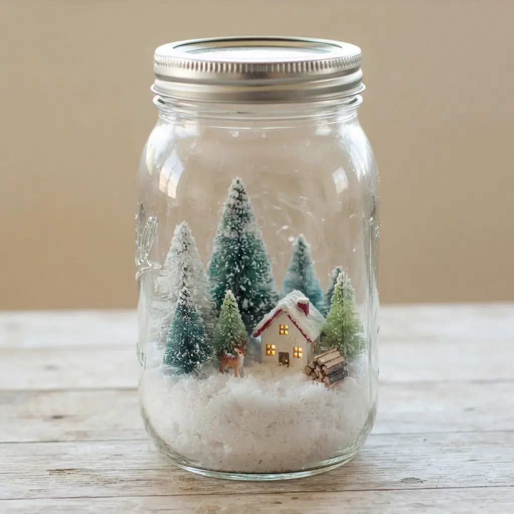 Glass mason jar containing miniature evergreen trees, a tiny house, and white faux snow.