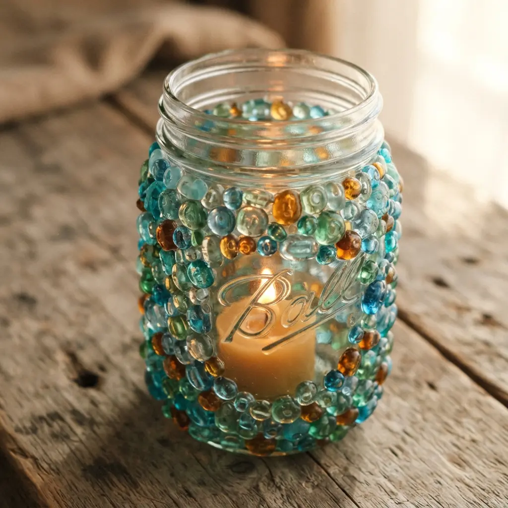 Clear jar surrounded by blue and green glass beads with a small candle glowing inside.