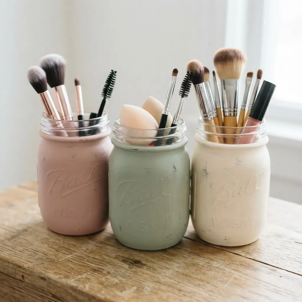Three painted glass jars arranged on a vanity, holding makeup brushes with soft neutral handles.