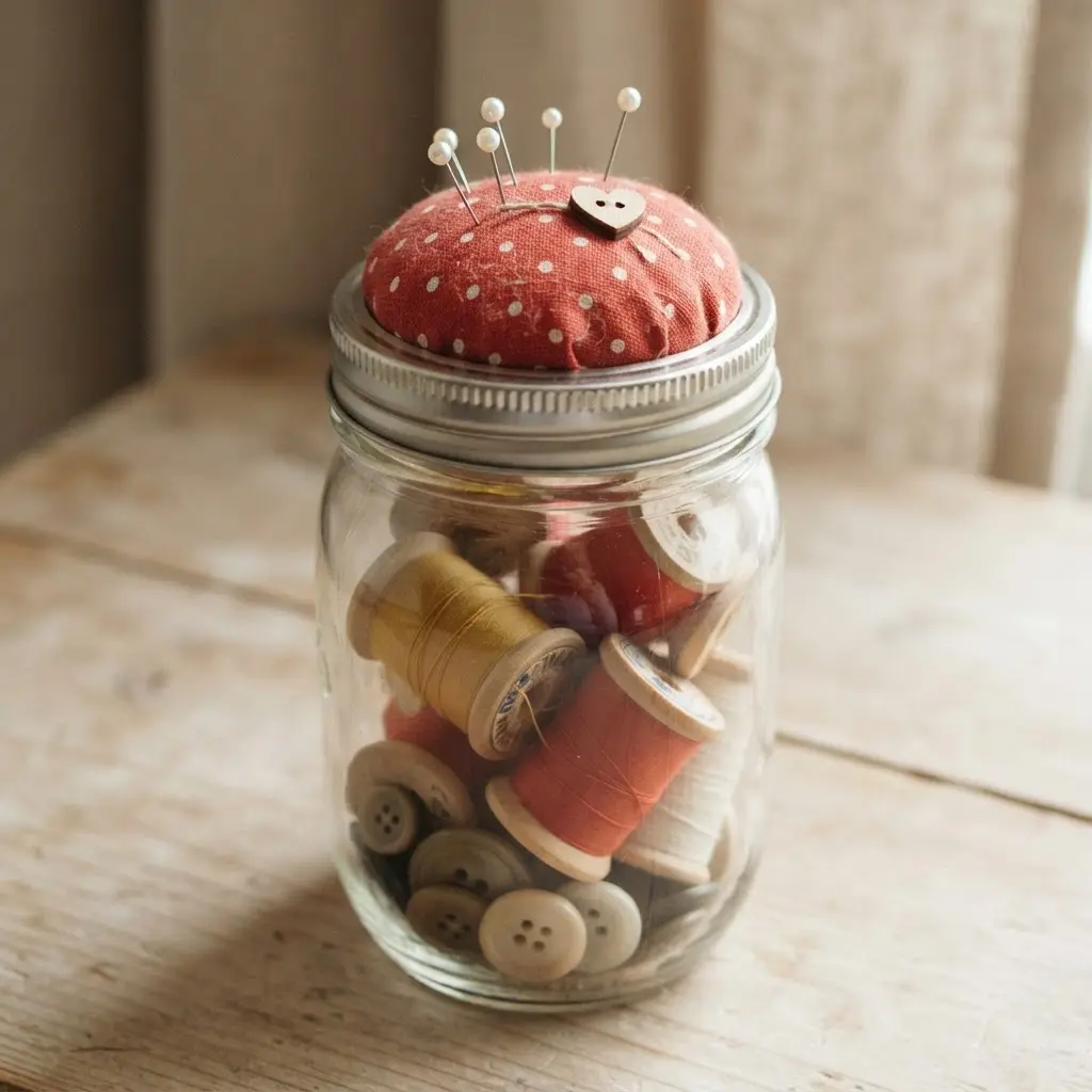 Glass jar topped with a round fabric pincushion lid, surrounded by thread spools and colorful buttons.