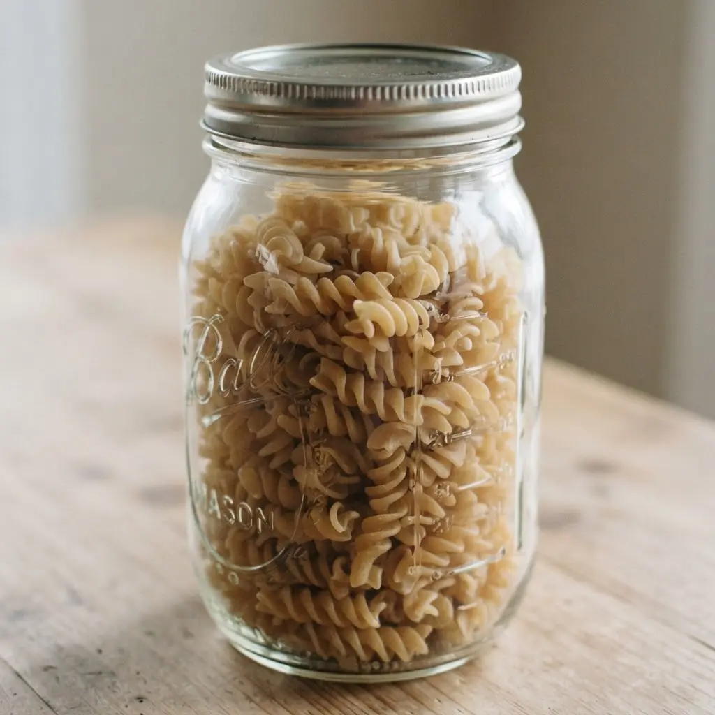 Clear glass pantry jar filled with spiral pasta and marked with a neat black label.