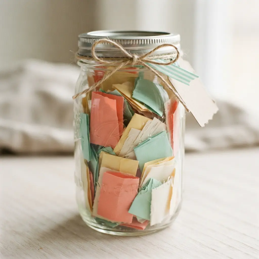 DIY Mason Jar Crafts Ideas featuring a glass memory jar filled with folded notes and a ribbon tied around the lid.