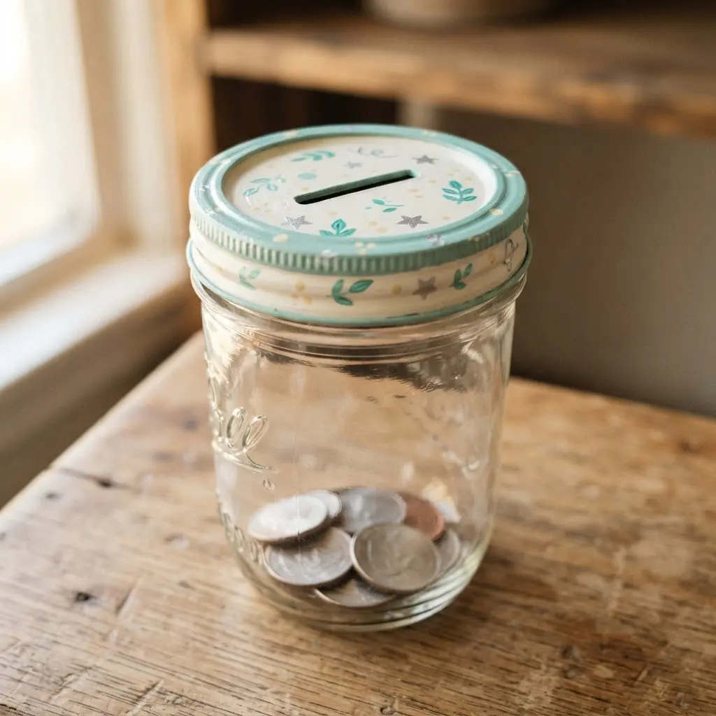 Clear glass jar used as a piggy bank with a painted metal lid and hand-lettered savings tag.