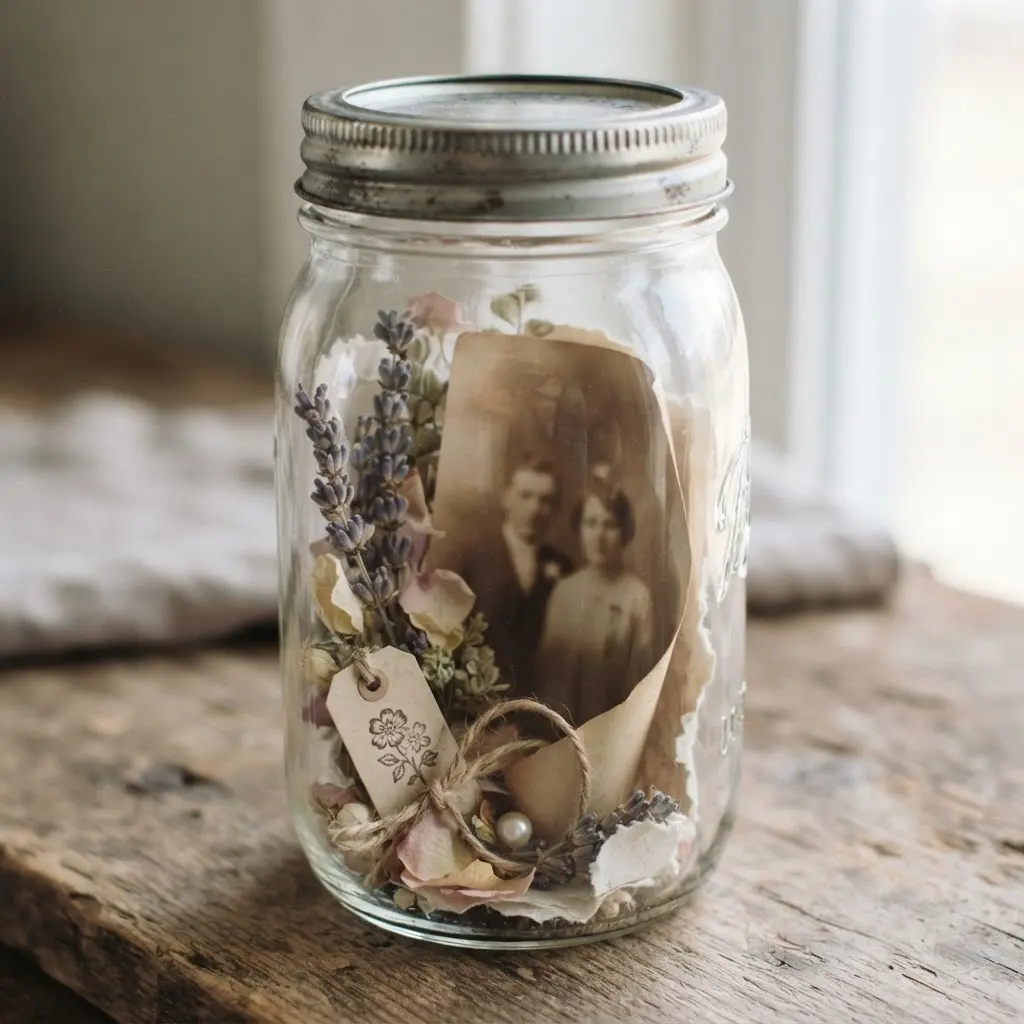 Glass jar holding a curled family photograph, dried flowers, and small paper keepsakes.