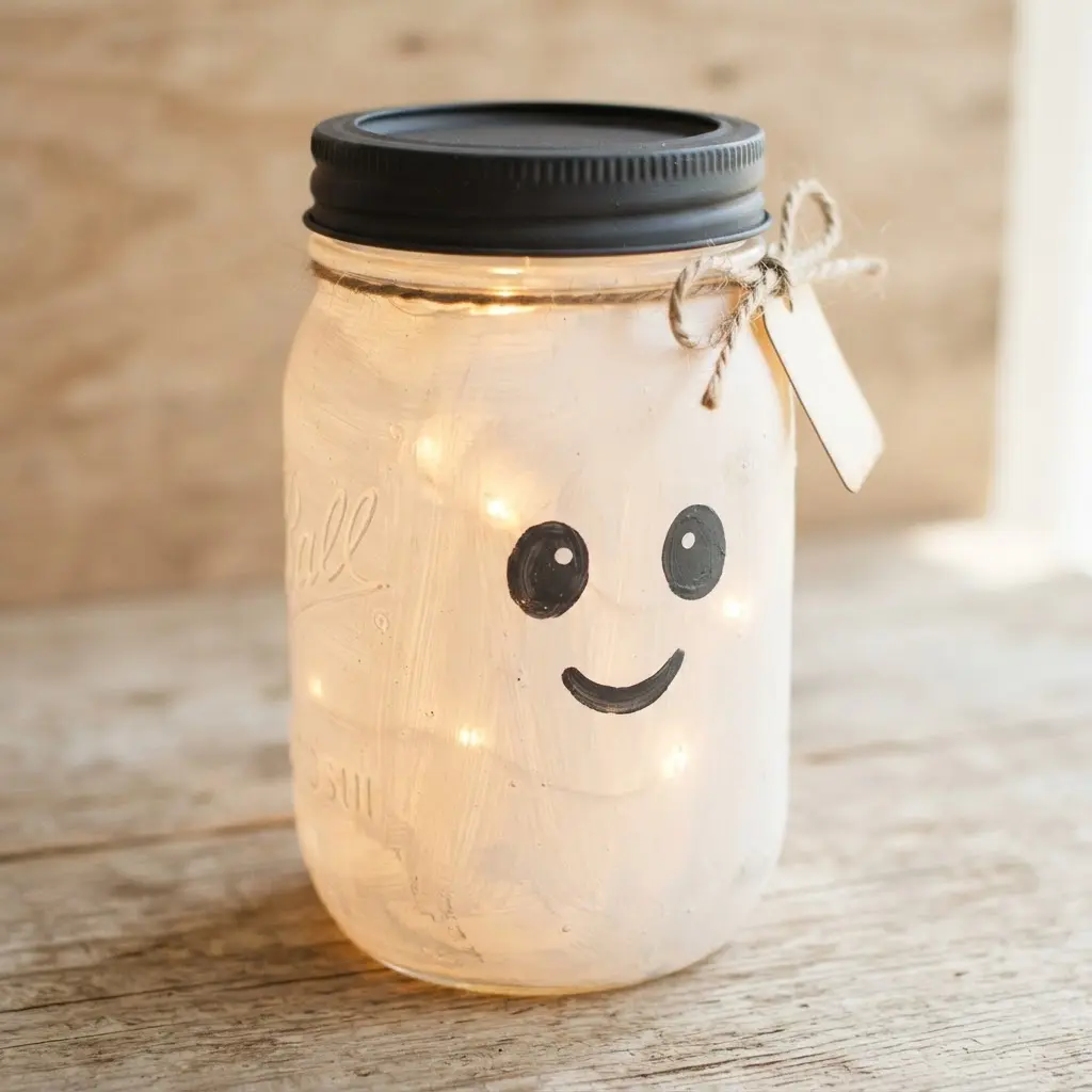 Mason jar painted with a friendly white ghost face and lit from within by a small LED.