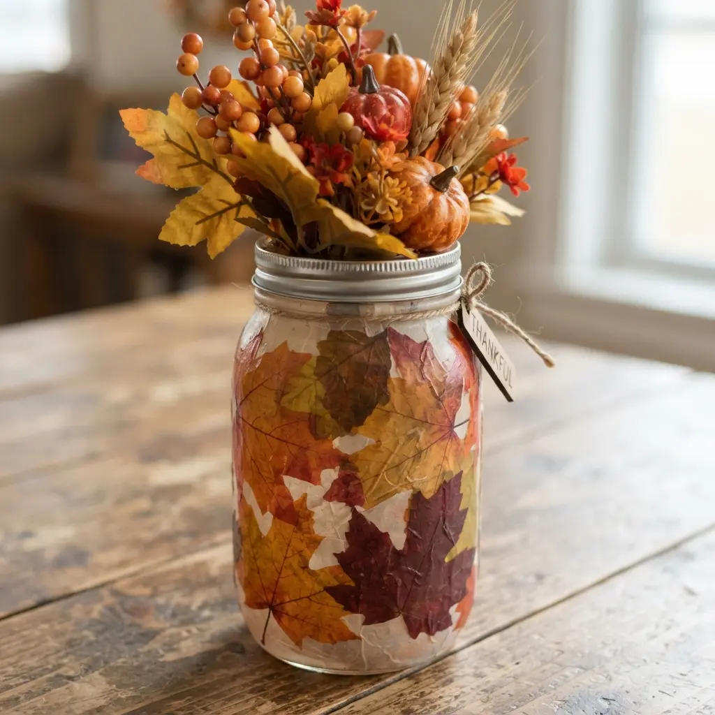 Glass jar decorated with decoupaged autumn leaves and filled with orange and gold flowers.