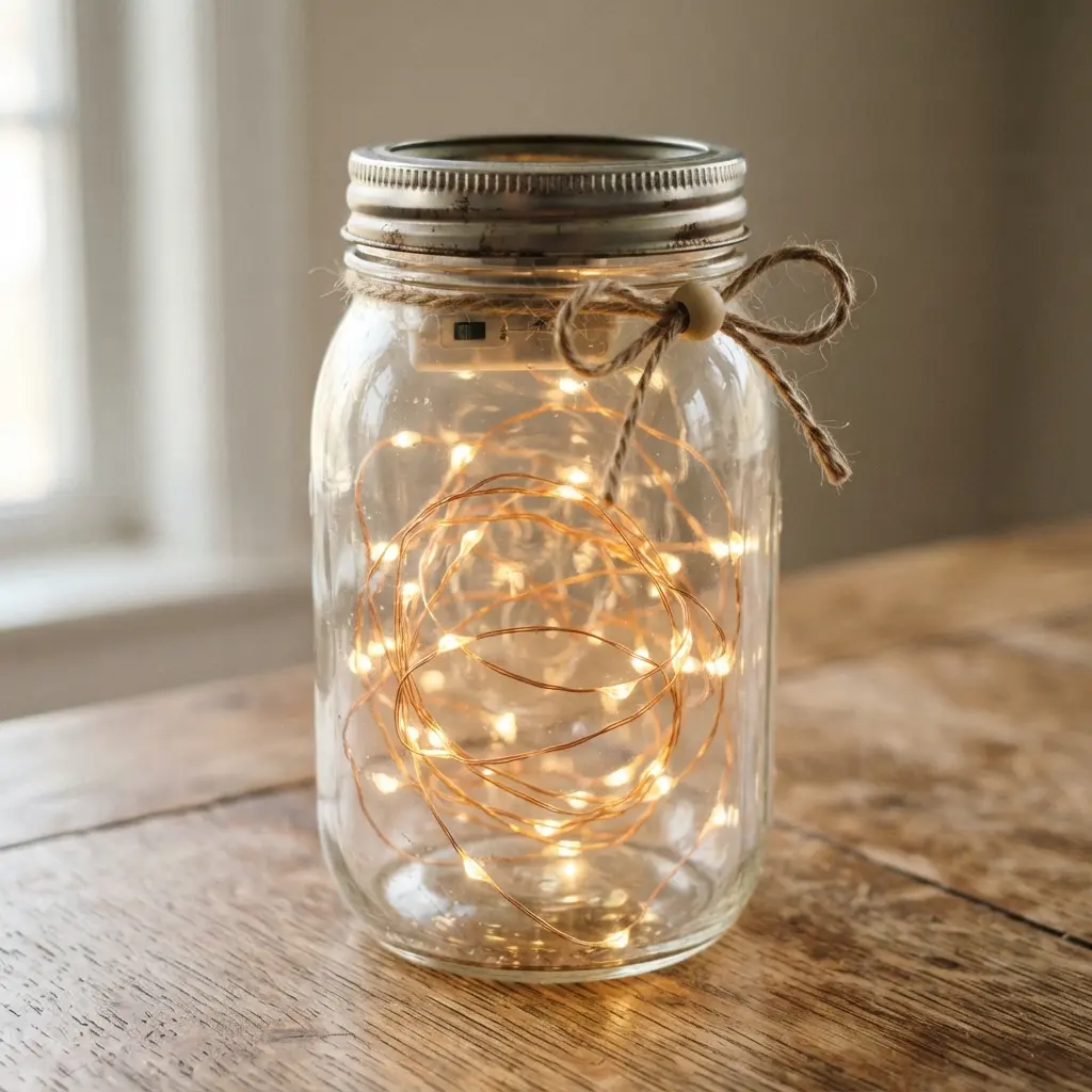 Clear glass mason jar filled with warm battery-powered fairy lights on a wooden shelf.