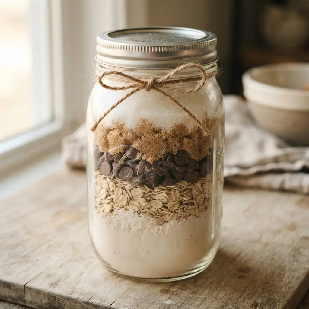 Clear mason jar showing layers of flour, oats, chocolate chips, and sugar with a recipe tag.