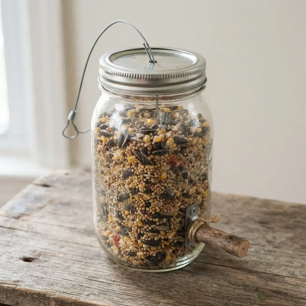 Glass jar bird feeder hanging outdoors from a branch above a small garden bed.
