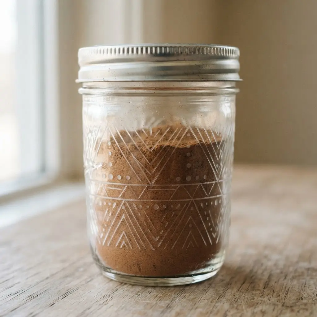 Clear spice jar with etched geometric lines, a metal lid, and ground cinnamon inside.