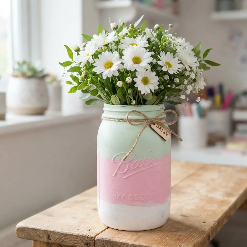 DIY Mason Jar Crafts Ideas featuring a pastel pink glass vase filled with white spring daisies.