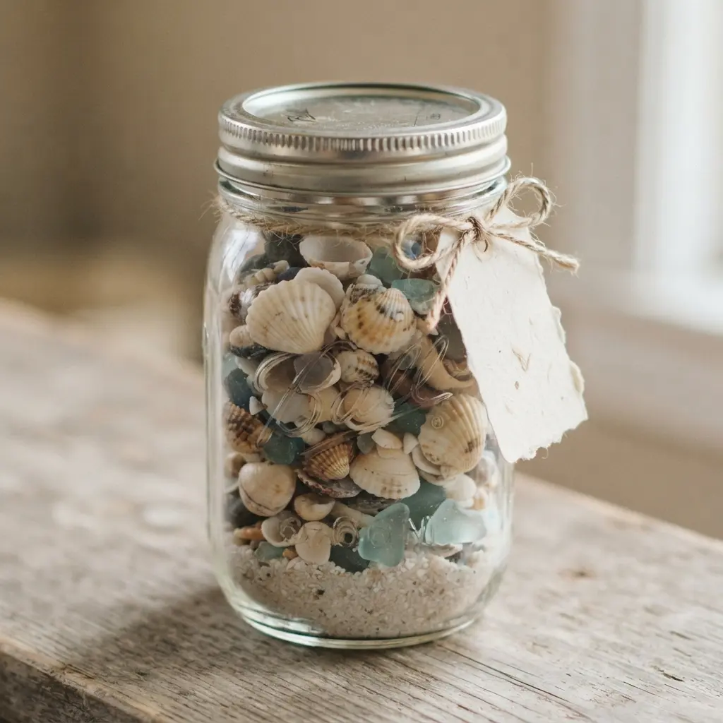 Clear glass jar filled with seashells, pale sand, and a small handwritten beach memory note.