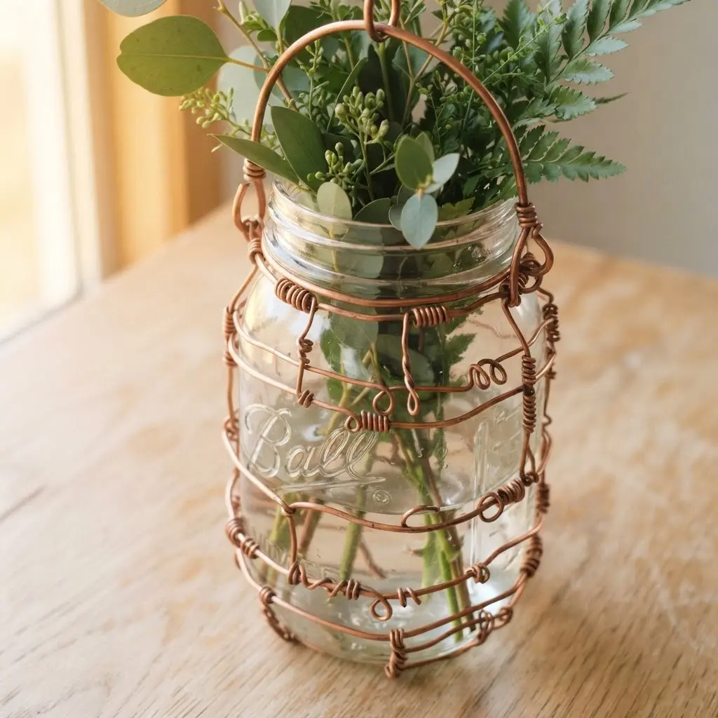 DIY Mason Jar Crafts Ideas showing a copper wire wrapped glass vase hanging by a sunny window.