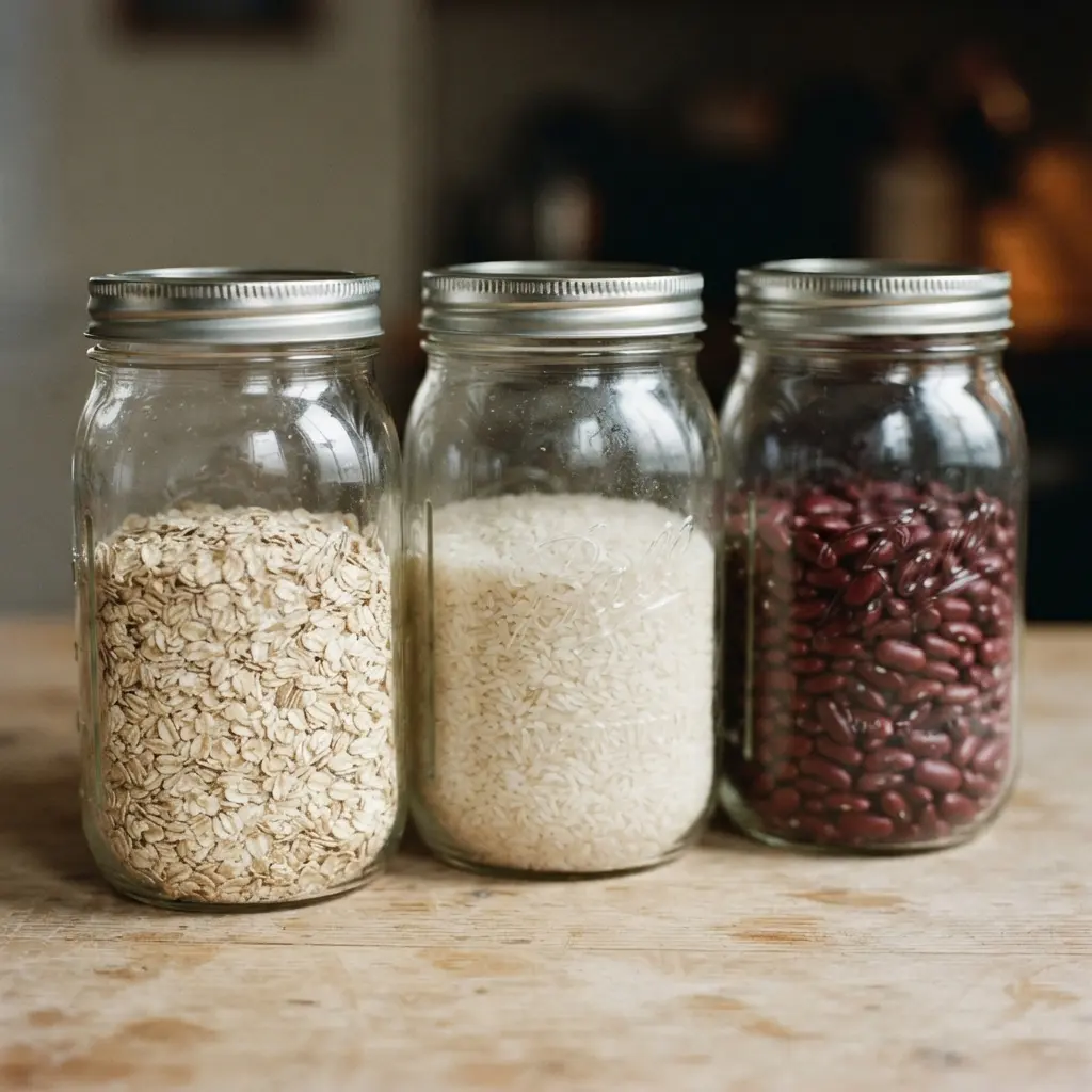 Three clear pantry jars with black chalkboard labels, filled with oats, rice, and dried beans.