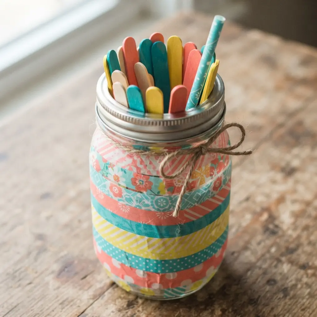 Glass jar covered in colorful washi tape stripes and filled with pencils on a desk.