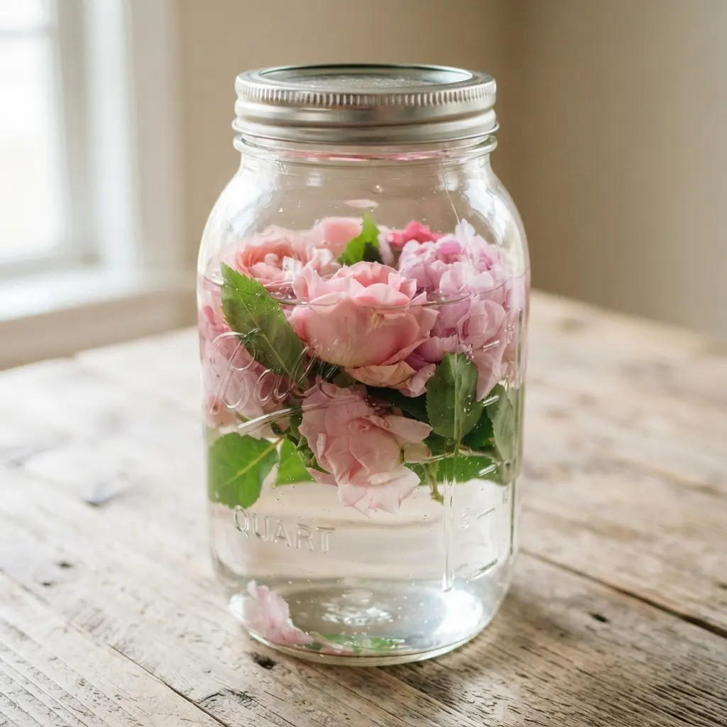 Clear tabletop jar filled with water and floating pink flower heads beside a dinner setting.