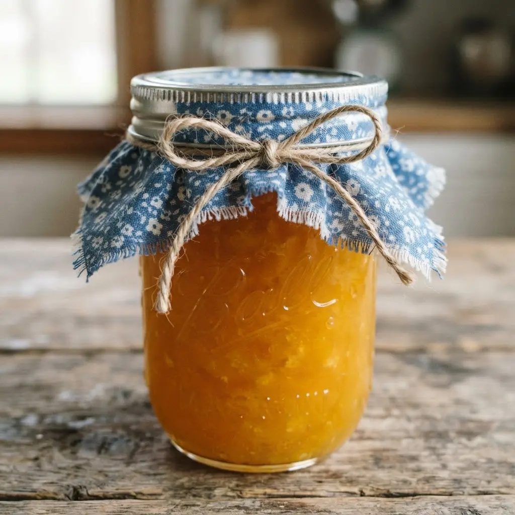 DIY Mason Jar Crafts Ideas featuring a jam jar with a blue fabric topper, twine, and a gift tag.