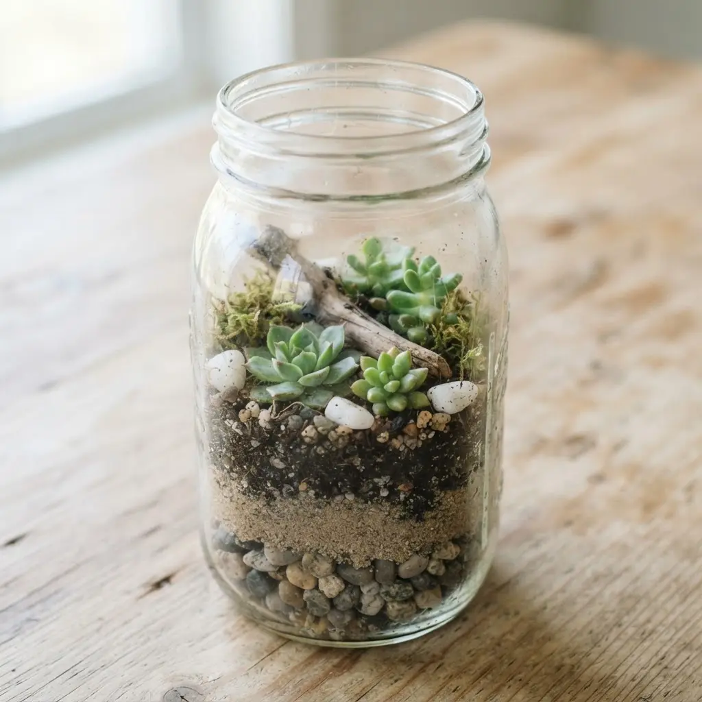 DIY Mason Jar Crafts Ideas showing a glass succulent terrarium with drainage sand, pebbles, and green leaves.