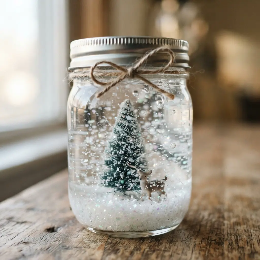 Clear glass jar snow globe filled with glycerin, white glitter, and a miniature evergreen tree.
