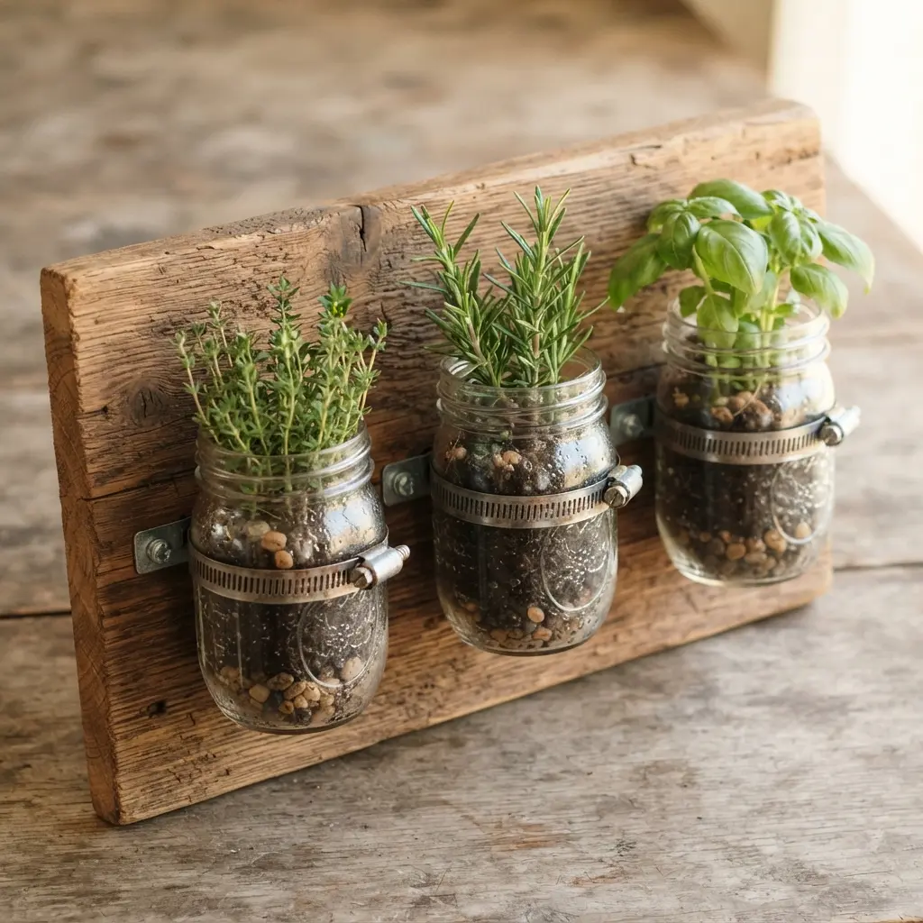 Three clear glass jars mounted on a wooden wall board, each holding a small herb plant.