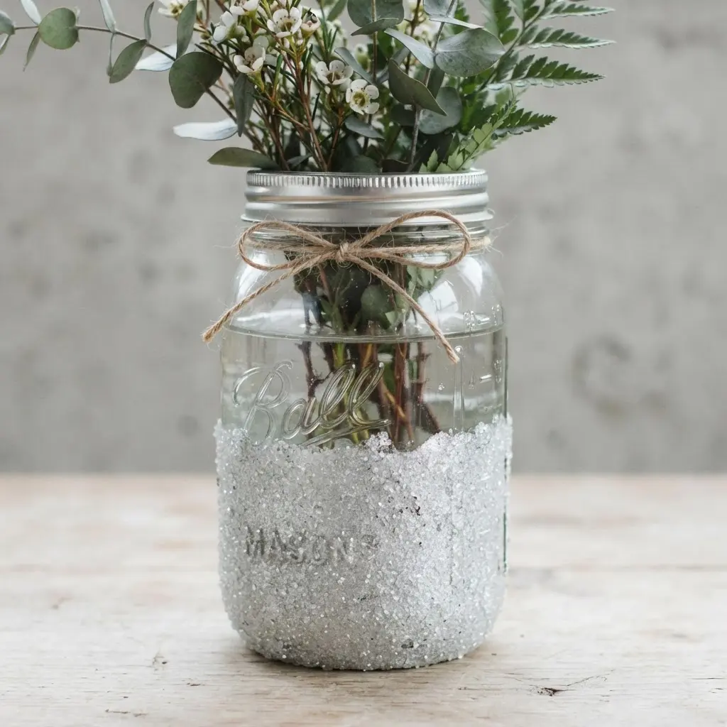 DIY Mason Jar Crafts Ideas featuring a clear vase with a silver salted glitter dipped base.