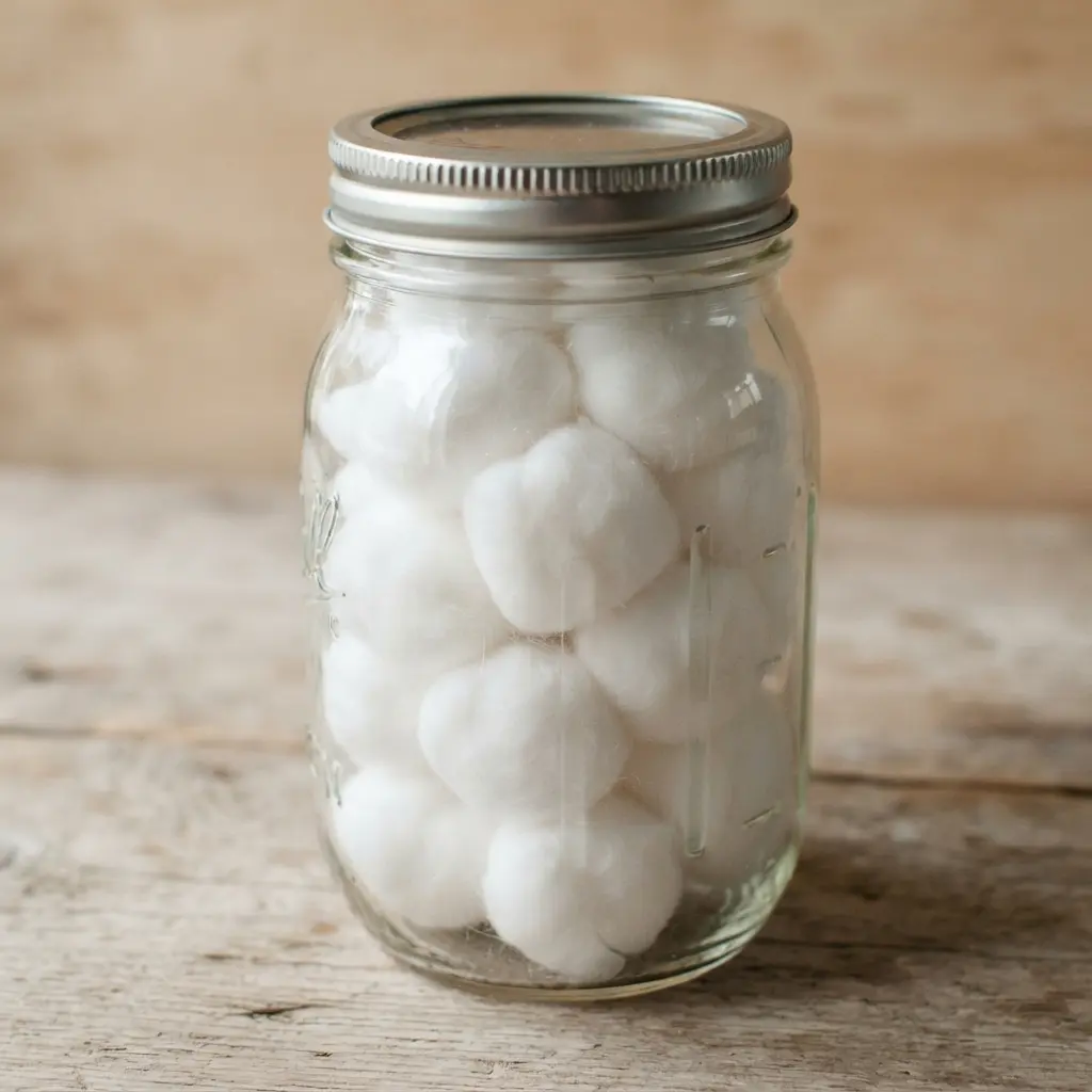 Clear glass jar filled with white cotton balls beside a soap dish and folded hand towel.