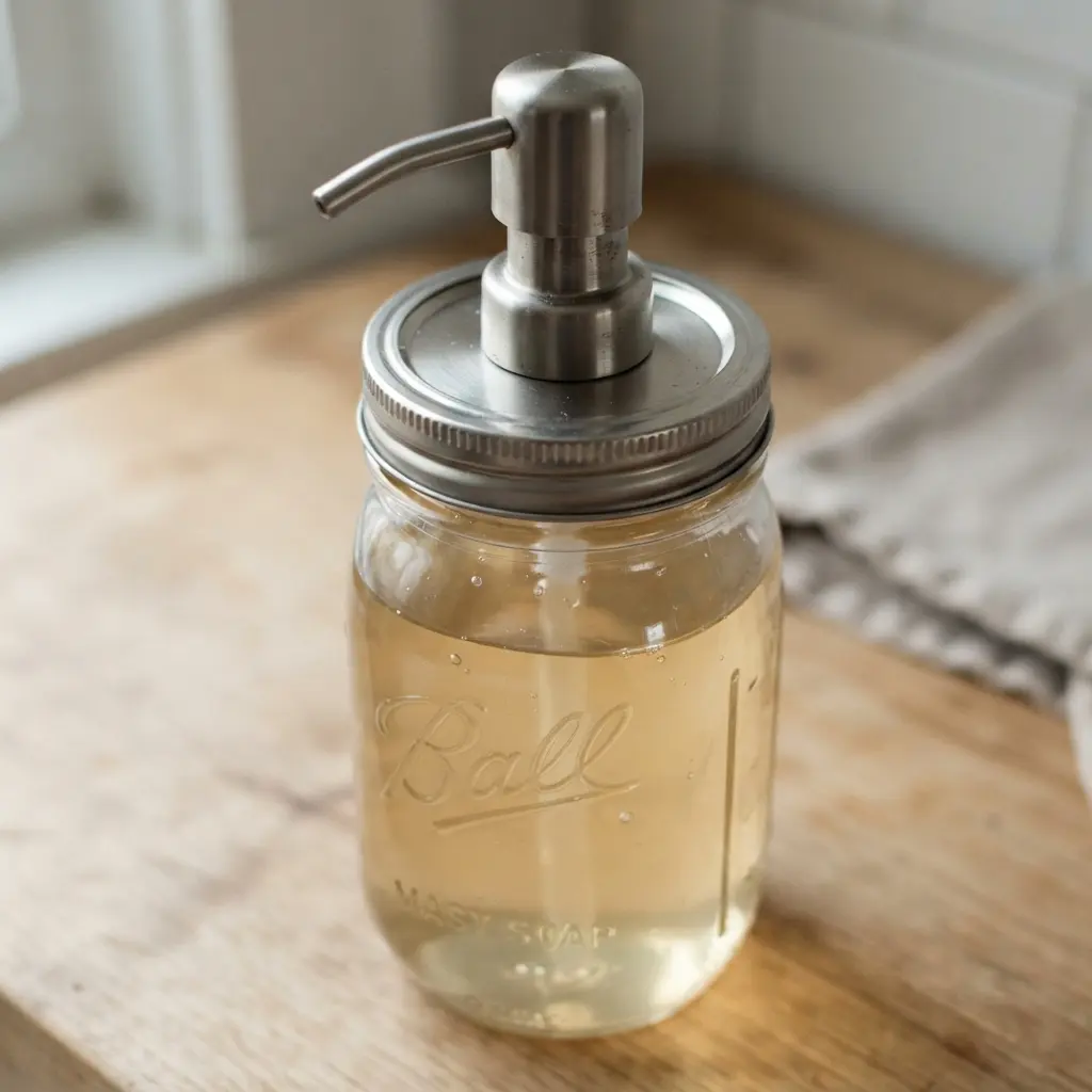 Clear glass mason jar fitted with a brushed metal pump and filled with pale liquid soap.