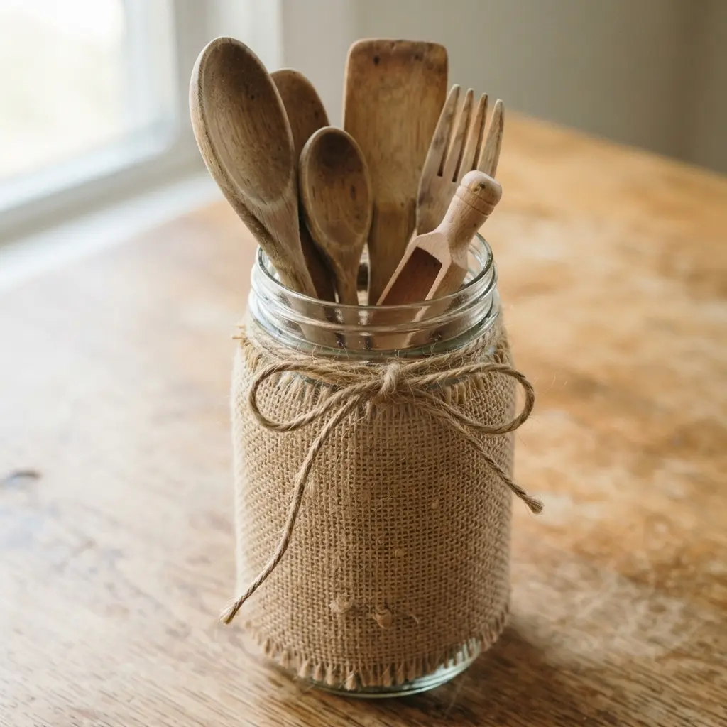 Wide glass jar wrapped with burlap and filled with wooden spoons on a kitchen counter.