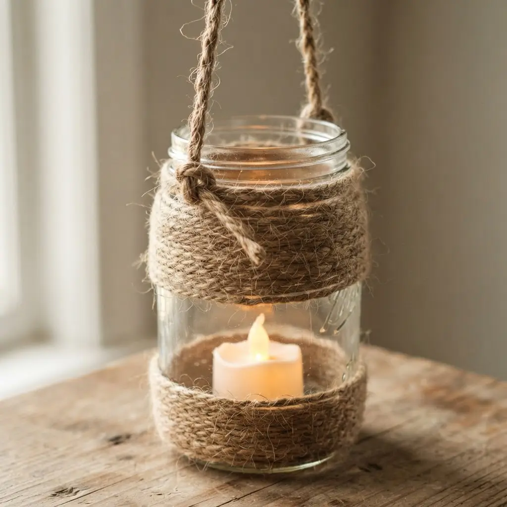 DIY Mason Jar Crafts Ideas showing a twine-wrapped glass candleholder hanging from a porch hook.