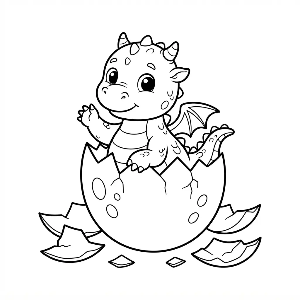 Cute baby dragon hatching from a cracked egg in bold black line art for dragon coloring pages.