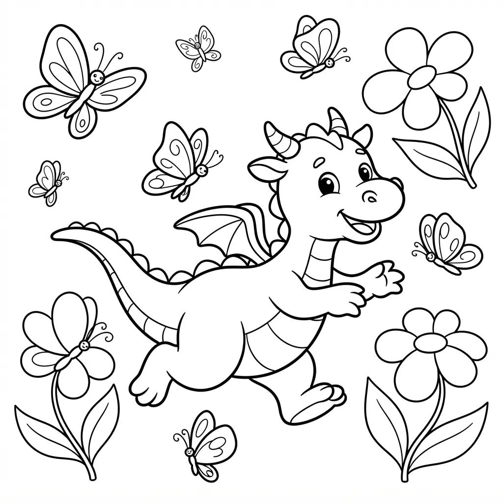 Playful dragon running after several butterflies among flowers and leaves in dragon coloring pages.