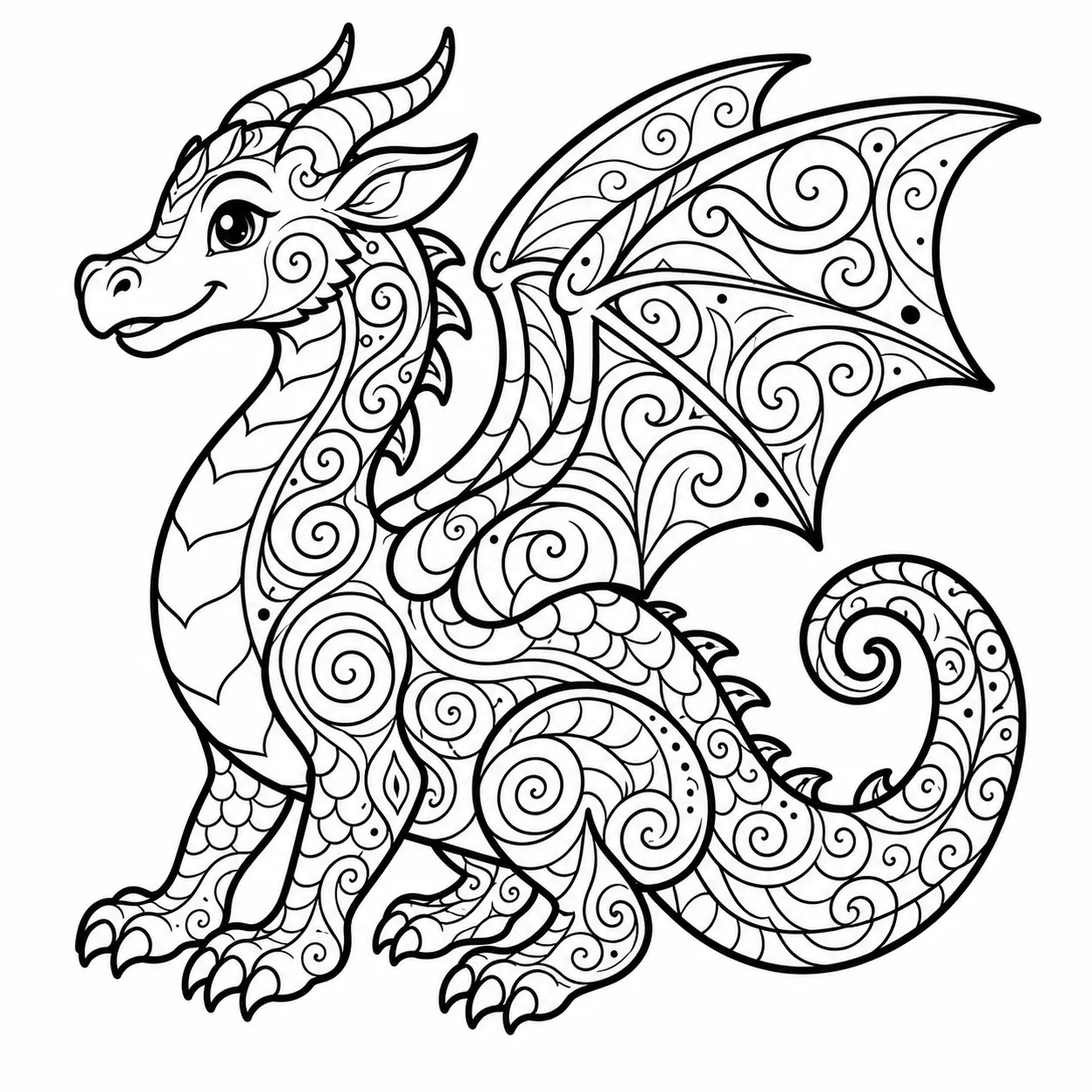 Dragon motif filled with bold tribal patterns, curls, and repeated shapes in dragon coloring pages.